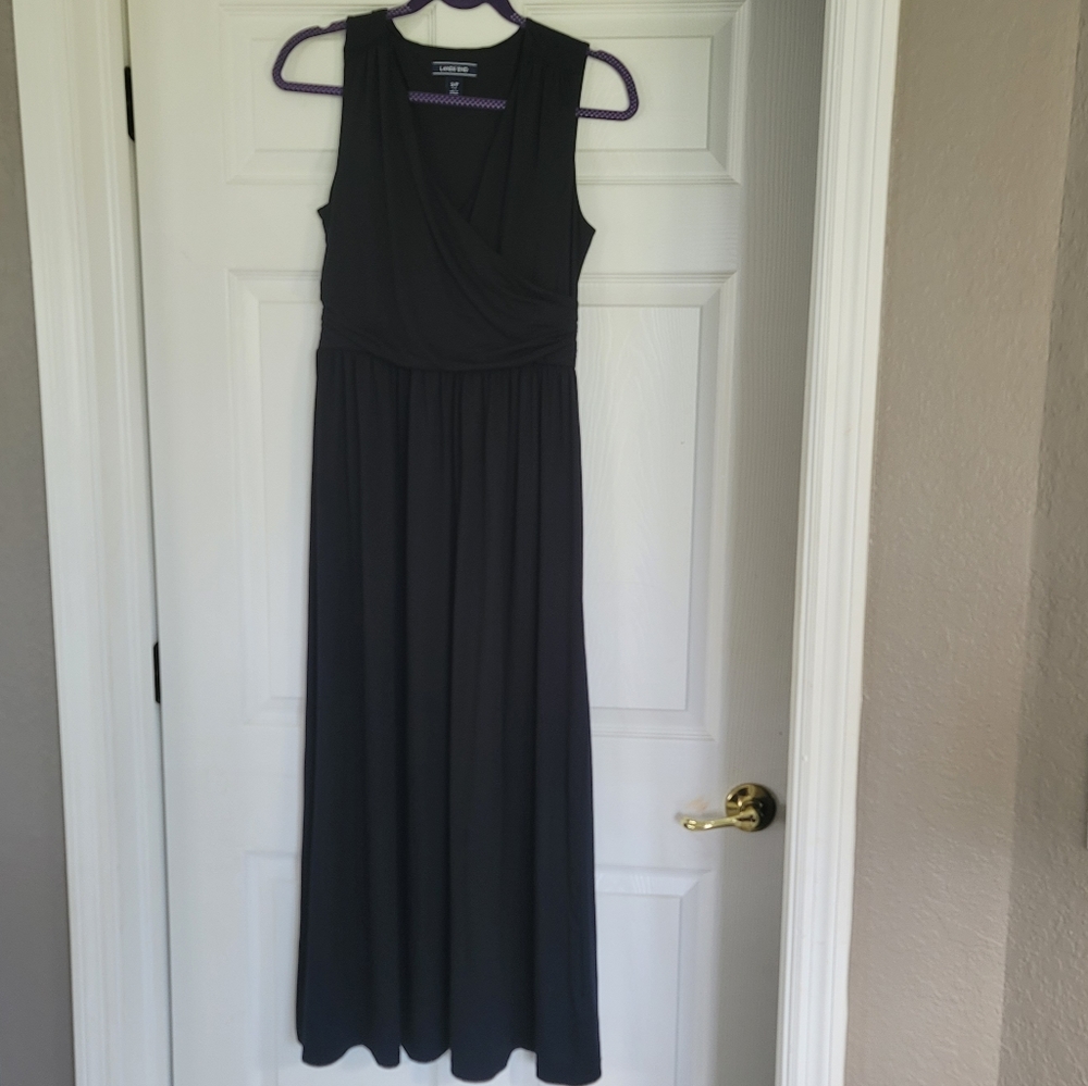 Lands End Small S 6-8 Solid Black Long Maxi Dress Cross Over VNeck Smocked Loose
